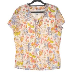 Coldwater Creek Blouse Women Medium‎ Multicolor Floral Tie V-Neck Top